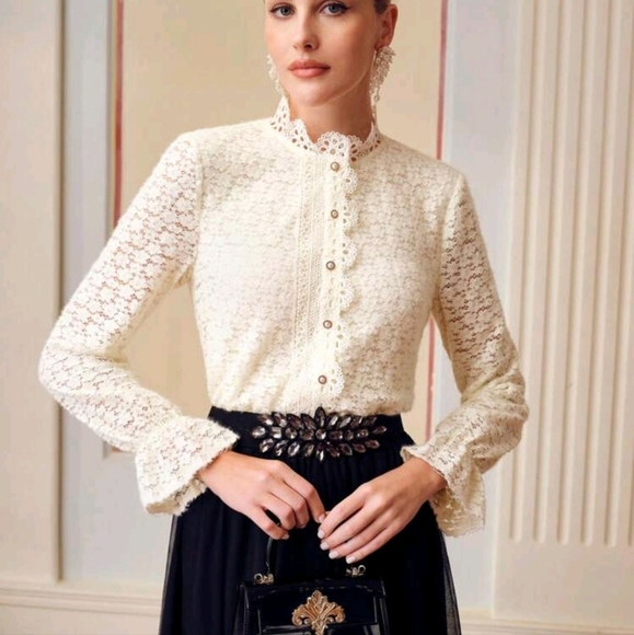 LACE MOCK NECK FLARE SLEEVE BLOUSE - Picture 4 of 5